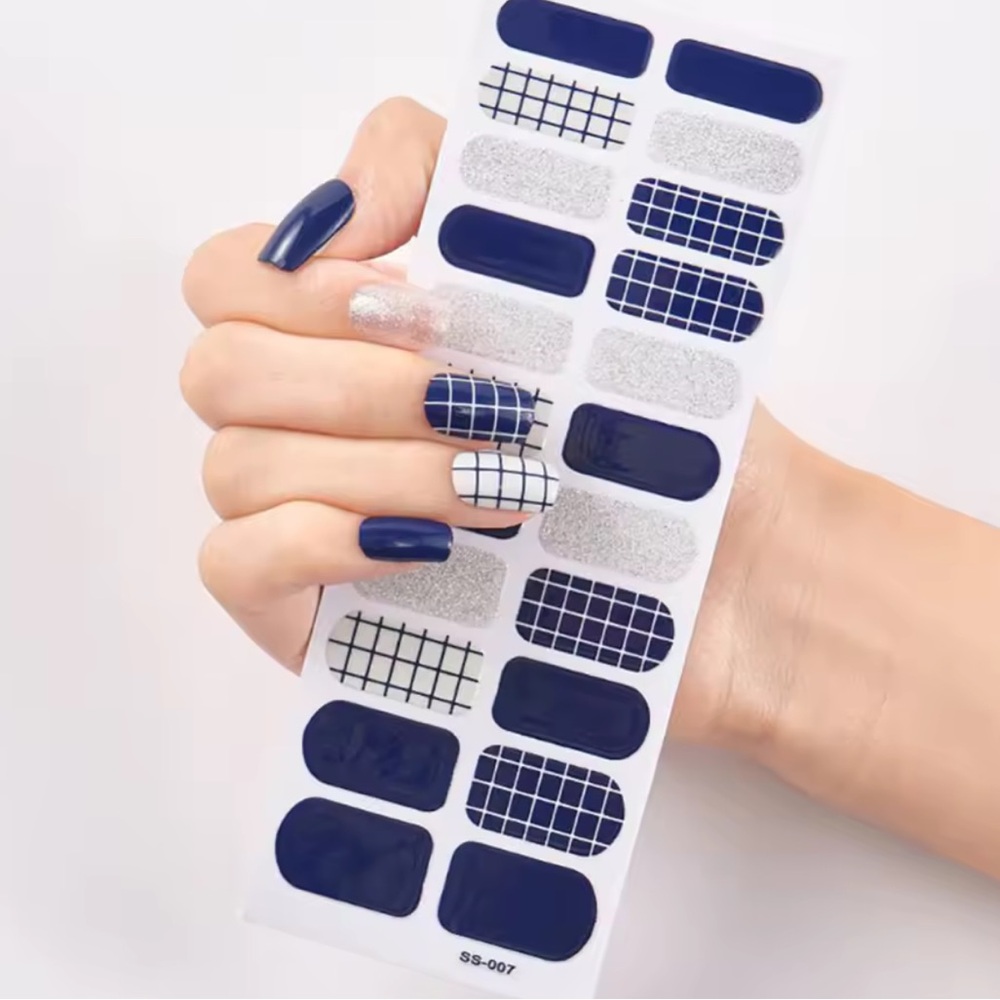 Navy Blue and Silver Grid Pattern Nail Wraps - Self-Adhesive Nail Art Stickers